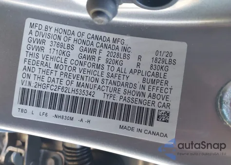 2020 Honda Civic Lx из США, поврежденный, VIN 2HGFC2F62LH535342